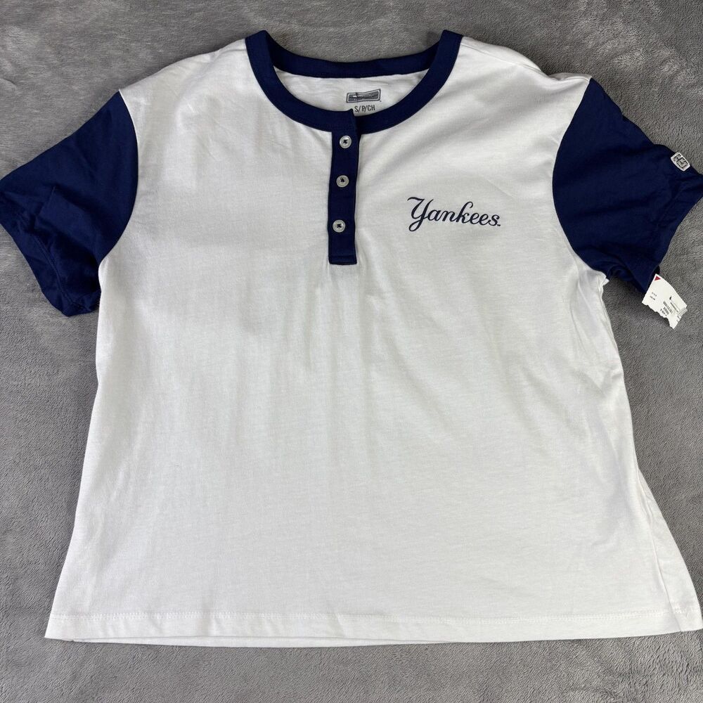 New York Yankees Shirt Womens‎ Small White Blue MLB Baseball Tailgate Cotton Tee